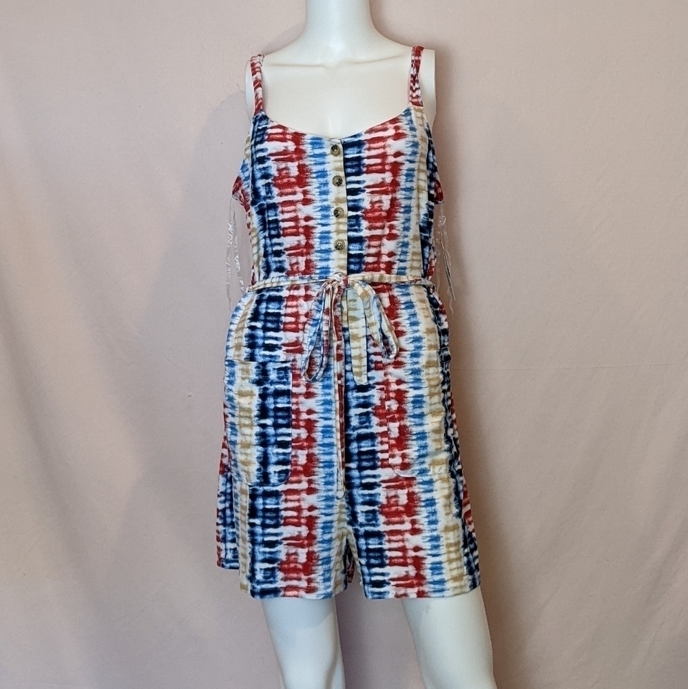 No Boundaries Red and Blue Tie Dye Sleeveless Belted Romper with Pockets XL